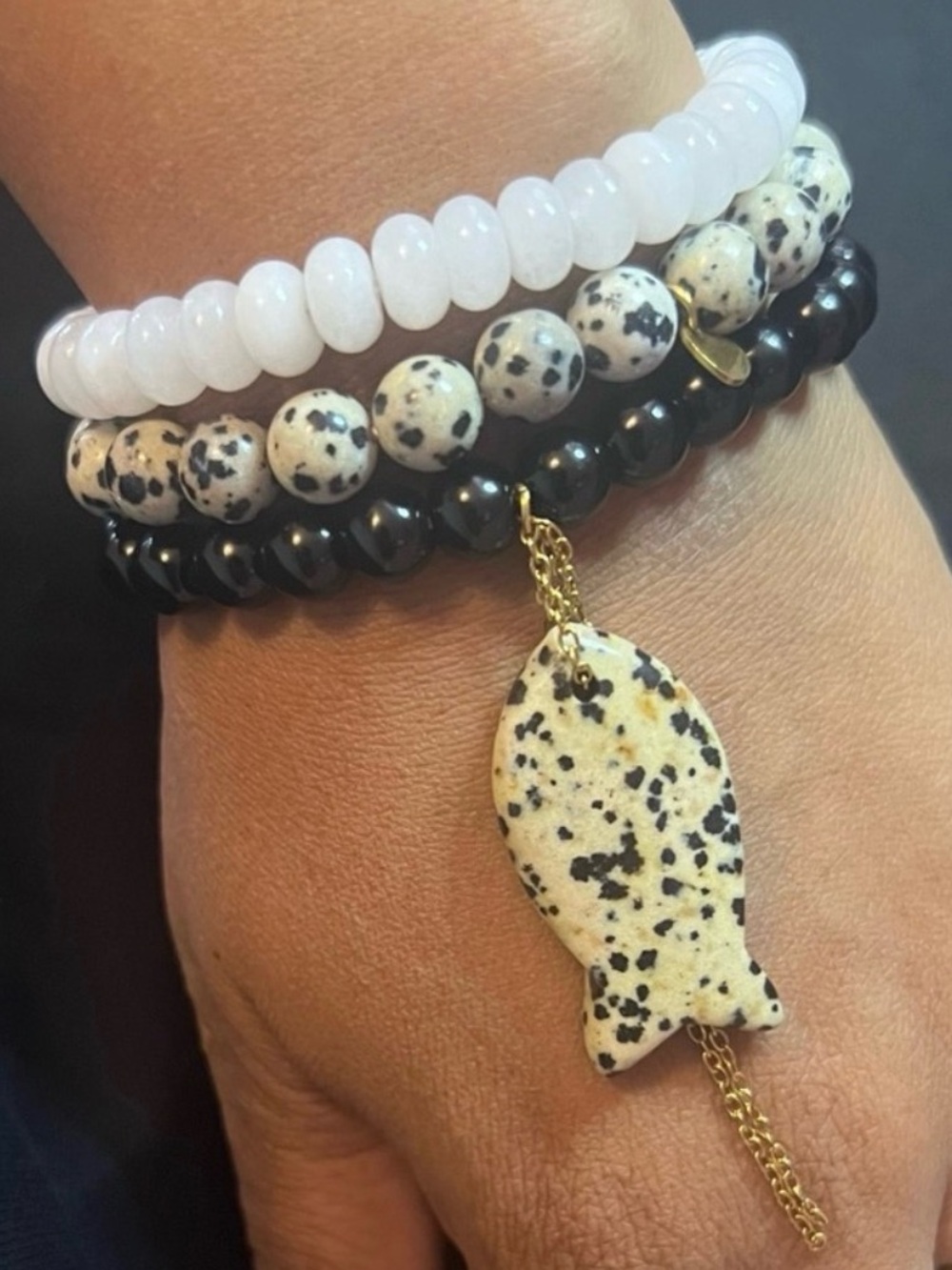 Faith Fish Natural Stone 3 Bracelet Set w Dalmatian Fish - Picture 2 of 4